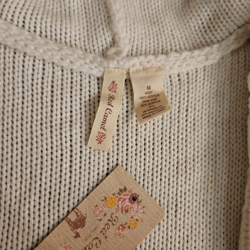 Red Camel Women's Hooded Cable Knit Sweater Vest Size‎ M Ivory White Faux Fur